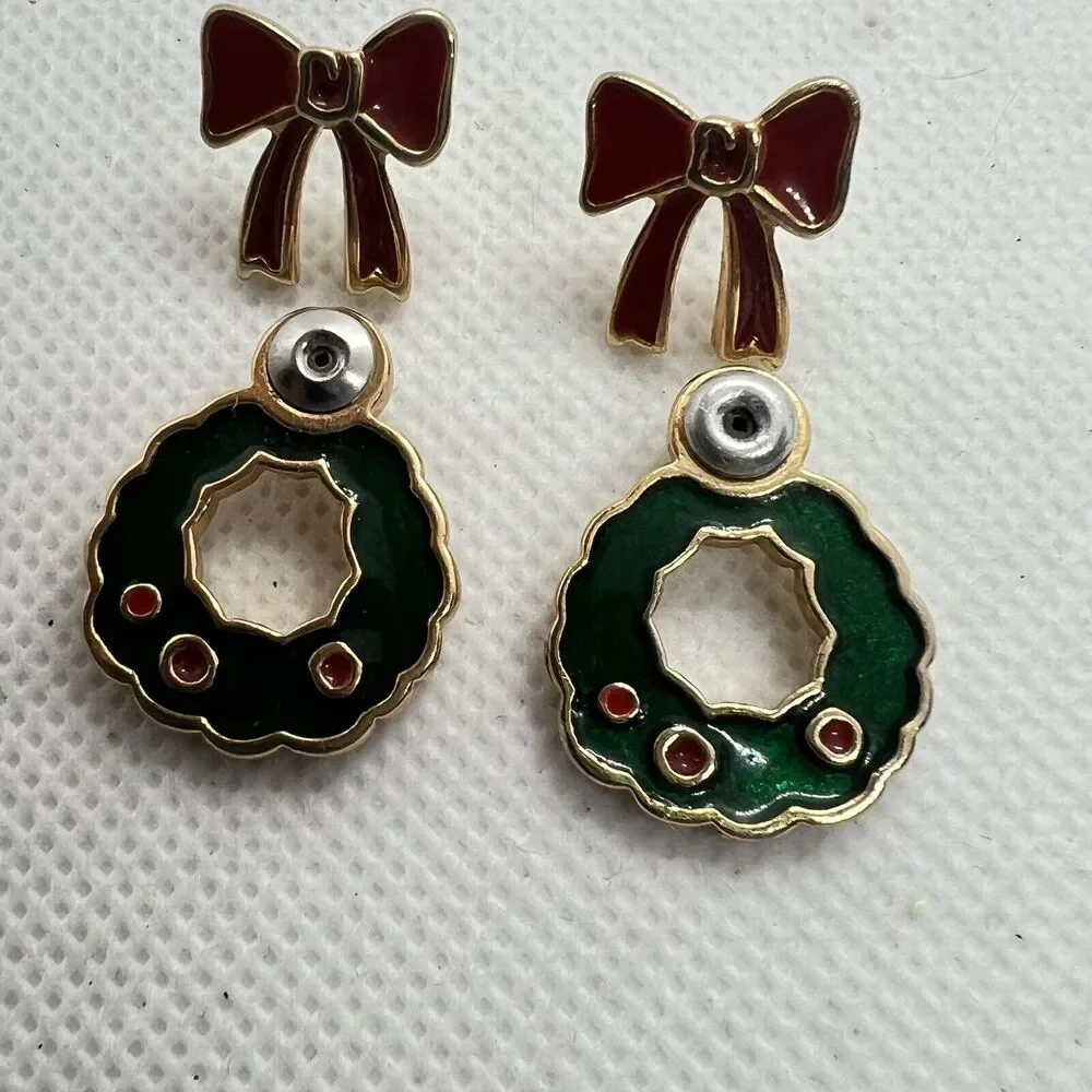 Vintage Christmas Wreath Front Back Jacket Earrings Enamel Bow Holiday